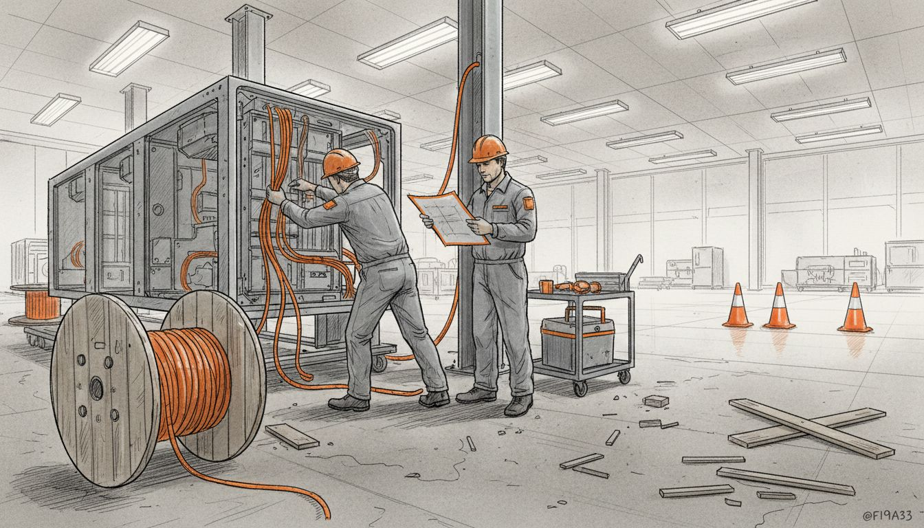 Workers prepping module frame in busy factory