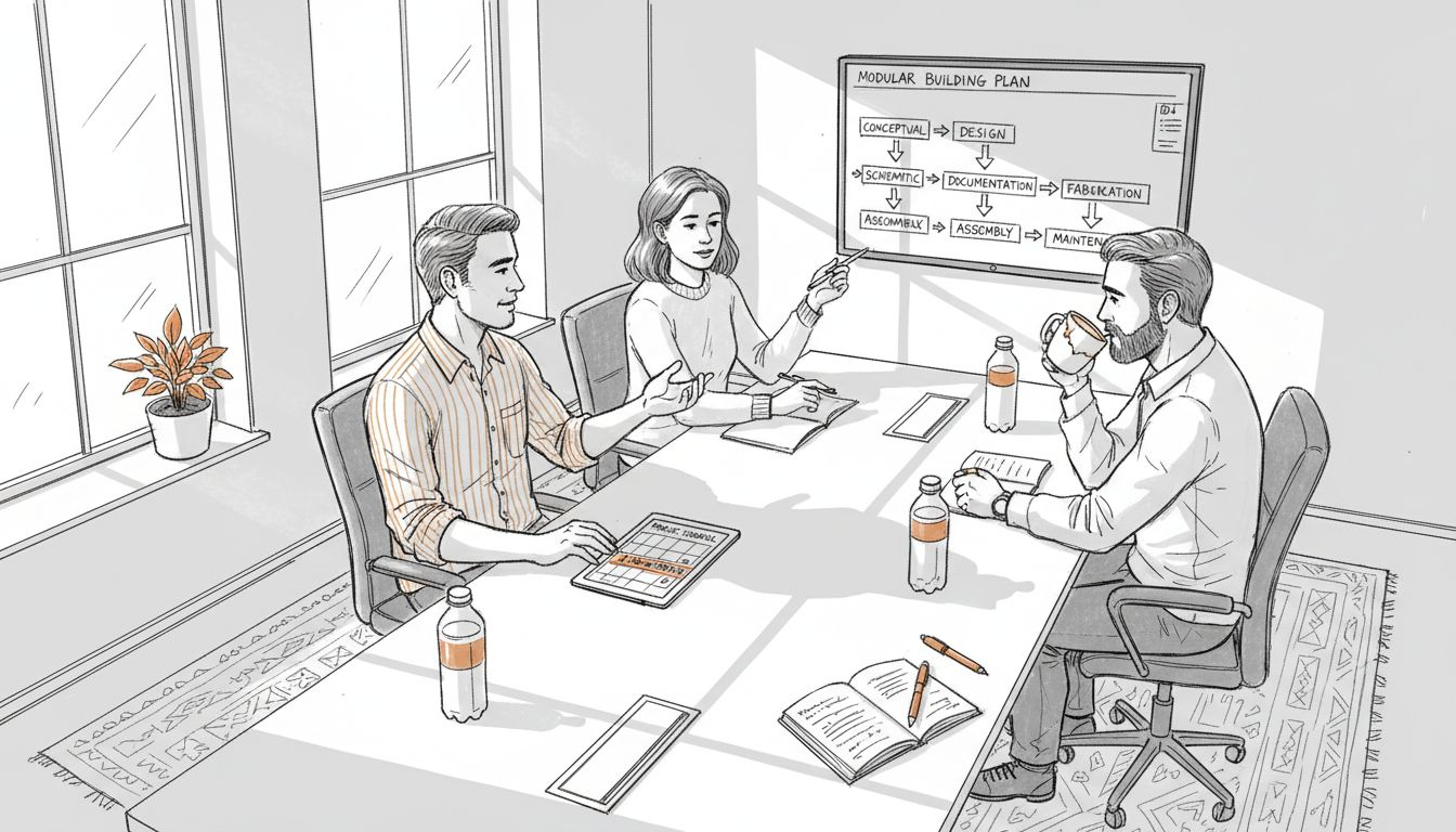 Designers reviewing modular workflow digital plans