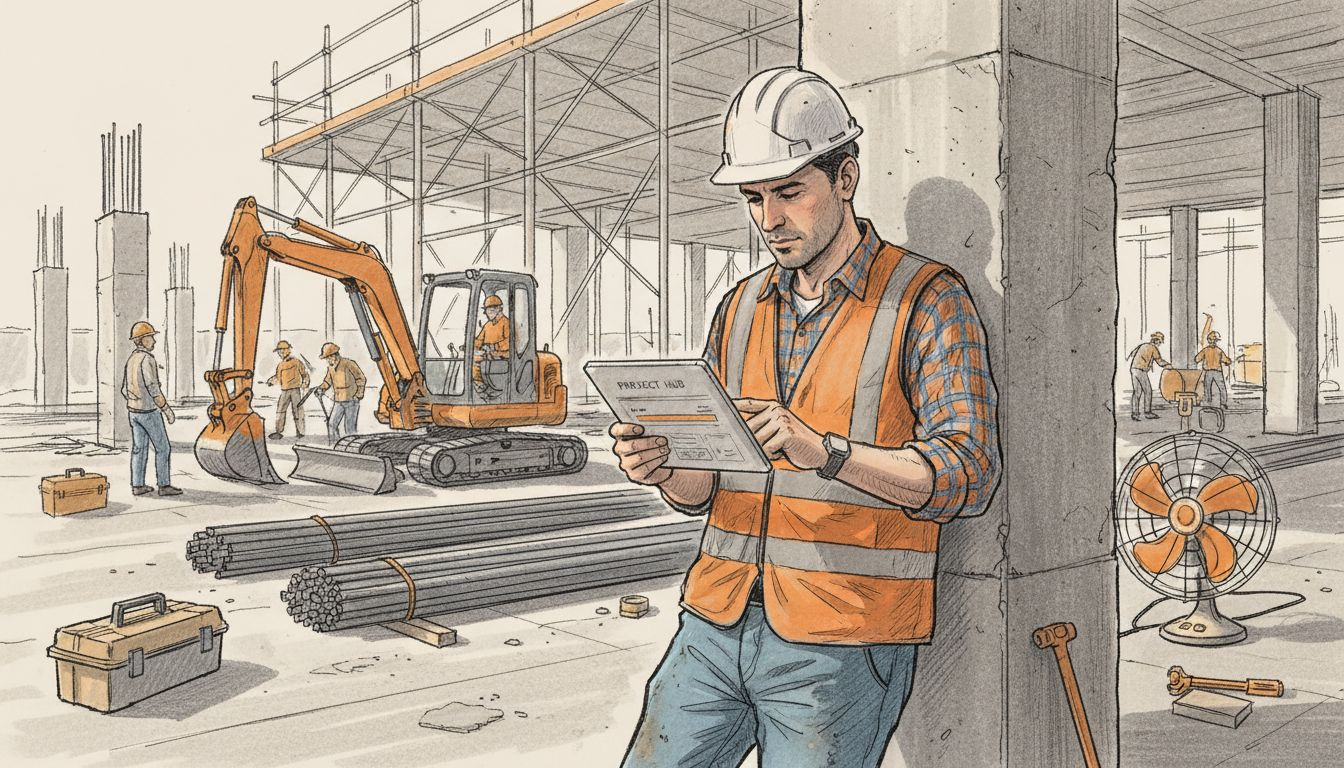 Site manager uses tablet at construction site