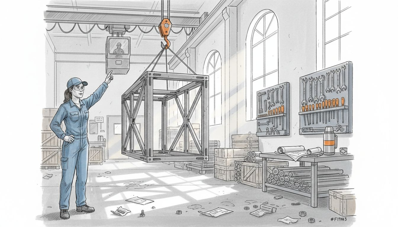 Worker directs modular housing frame inside factory