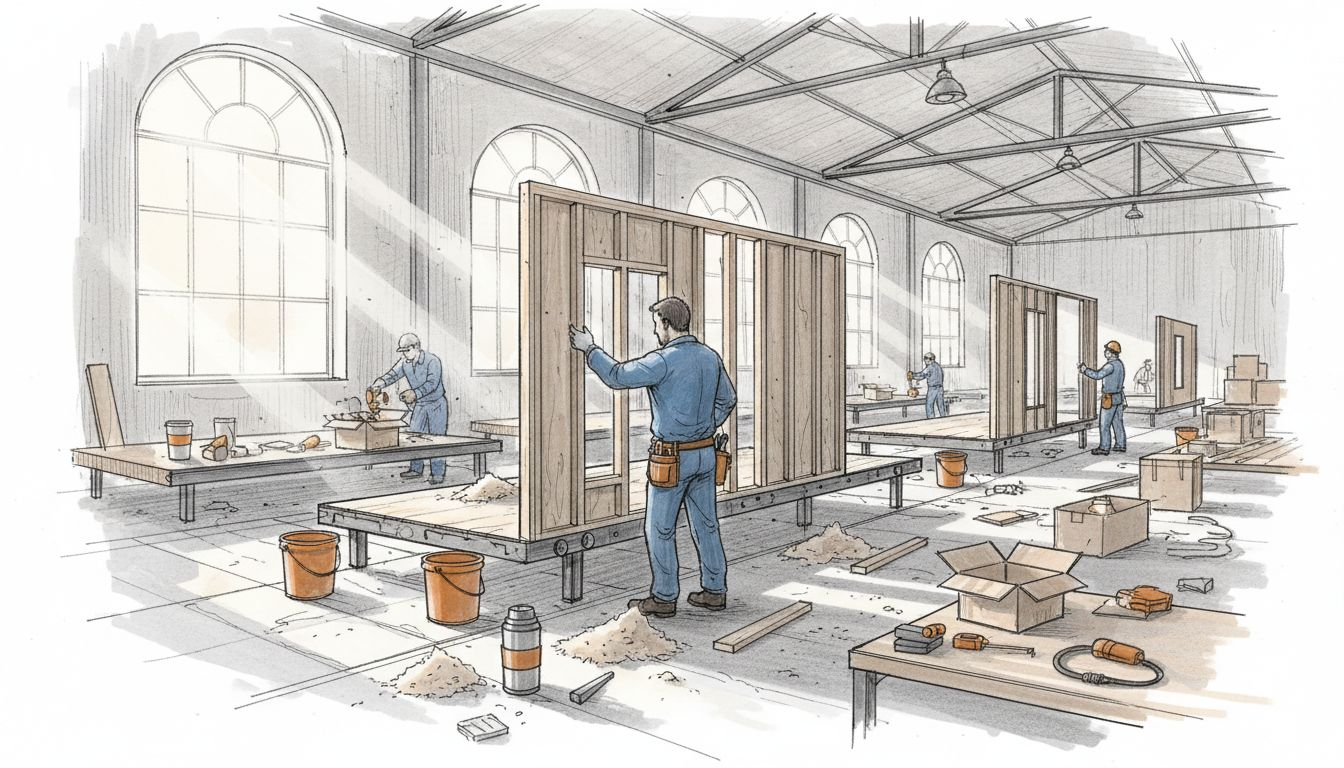 Technician assembling modular home in warehouse