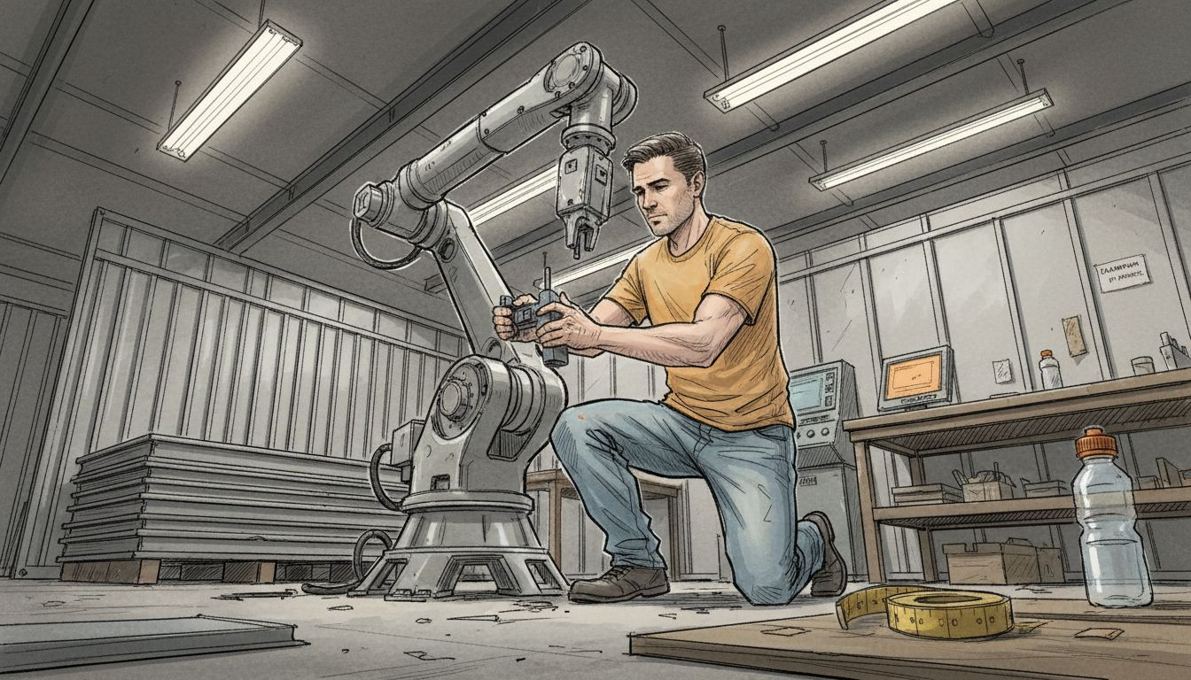 Technician calibrates robotic arm for modular assembly