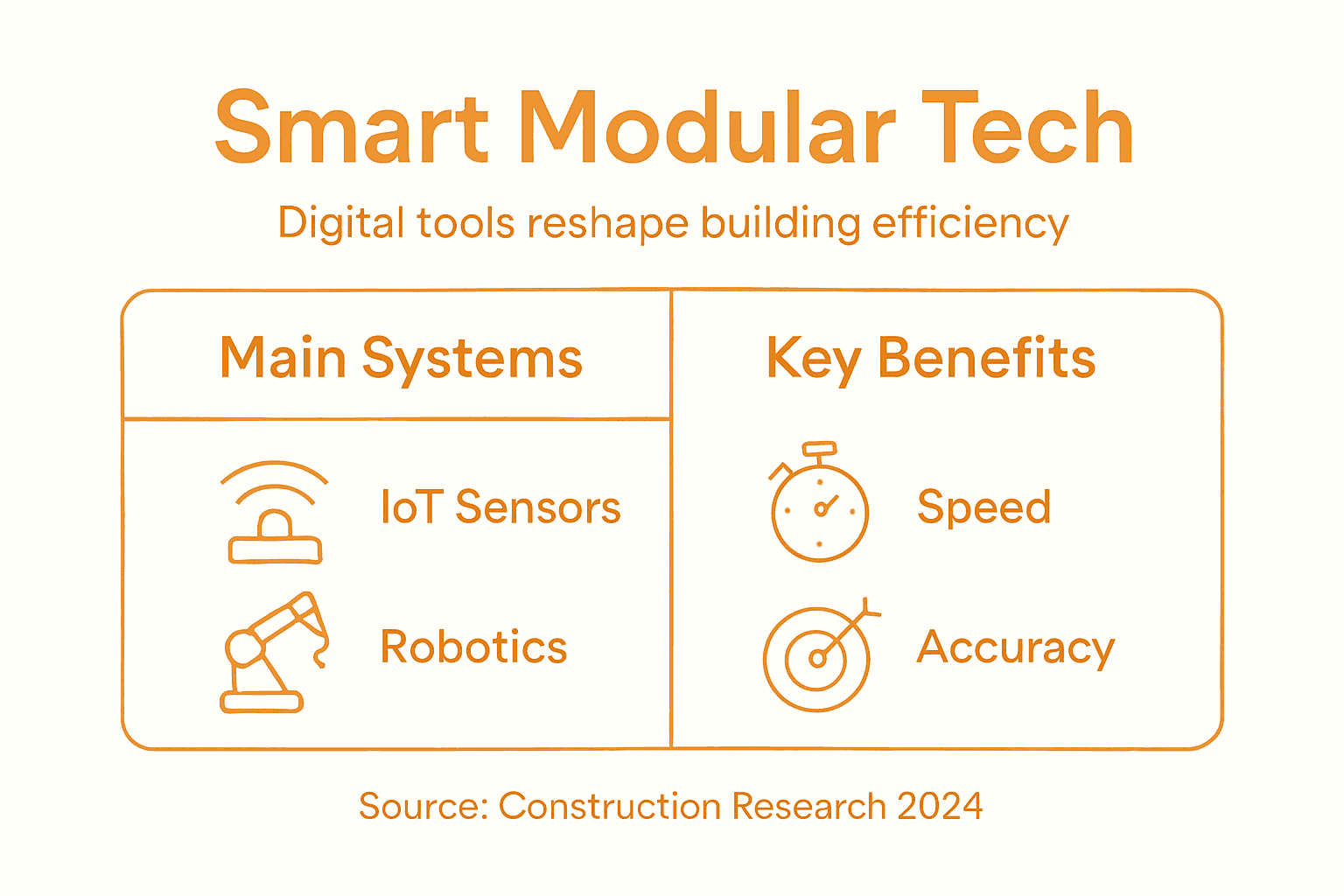 Infographic with tech systems and modular construction benefits