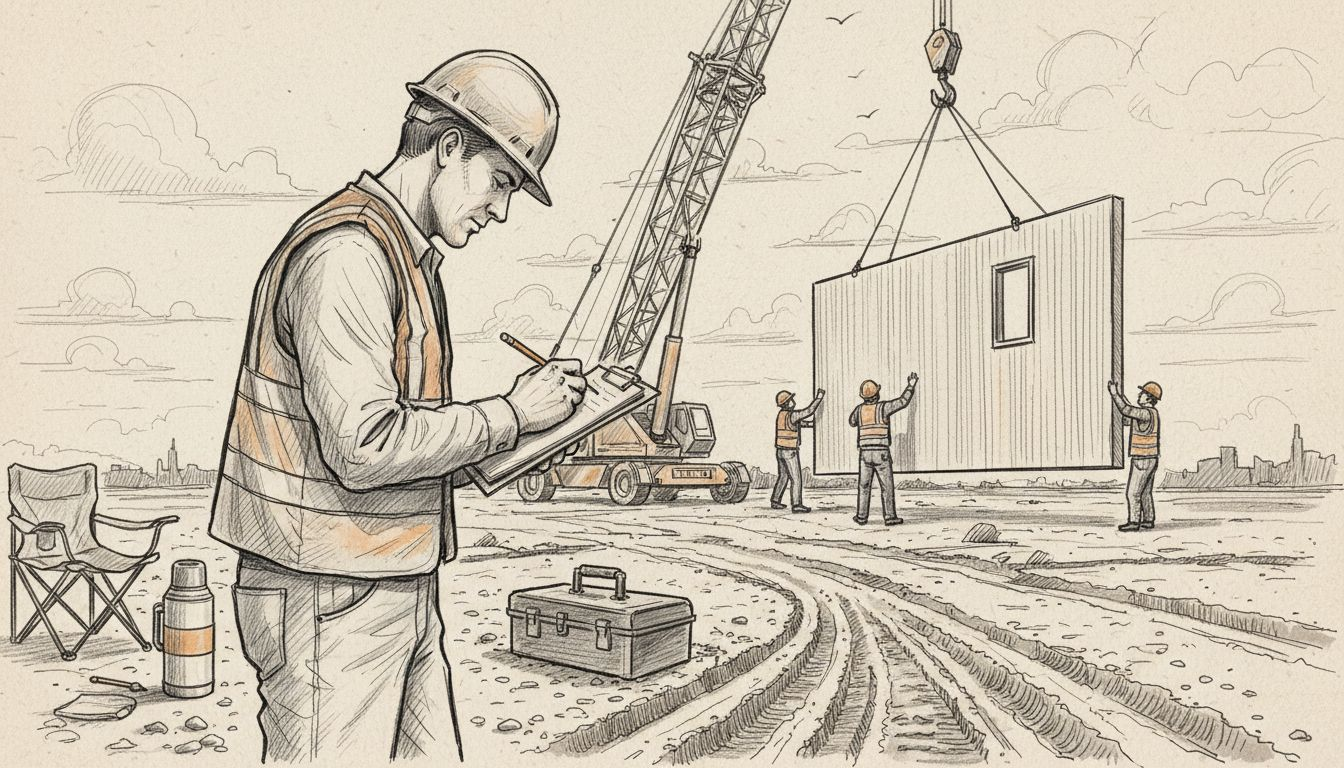 Supervisor overseeing modular home assembly outdoors