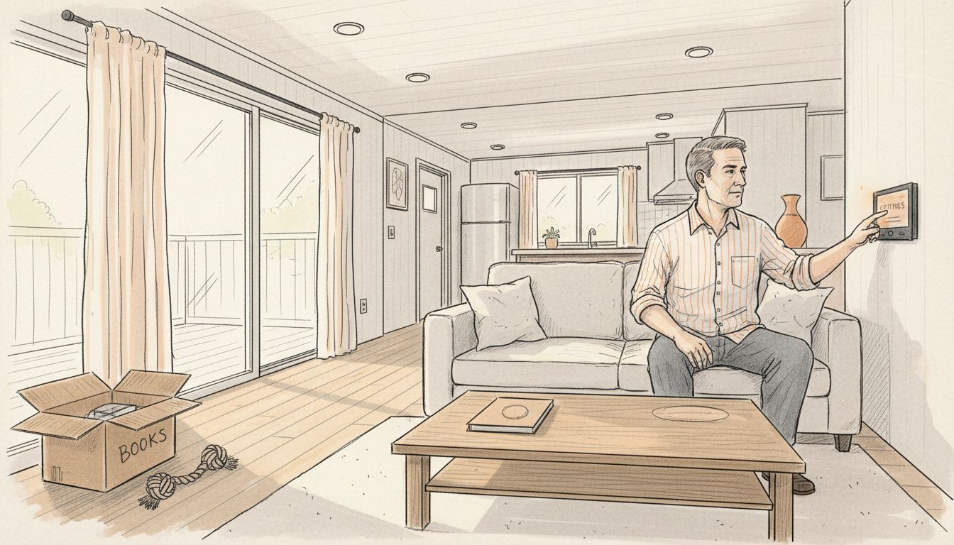 Resident using smart thermostat inside modular home