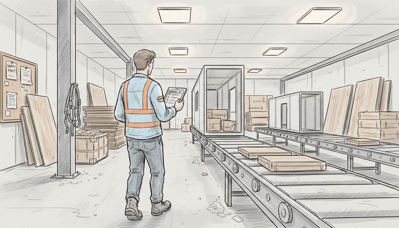 Engineer evaluating materials in modular factory