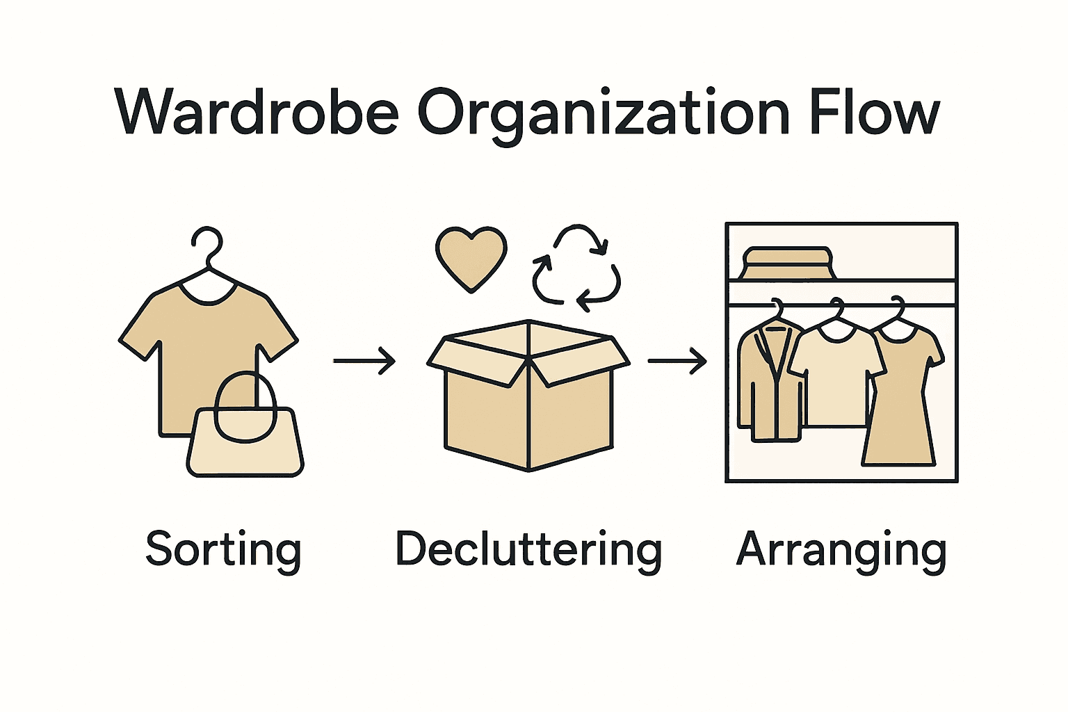 Infographic showing steps to sort, declutter, and arrange wardrobe.