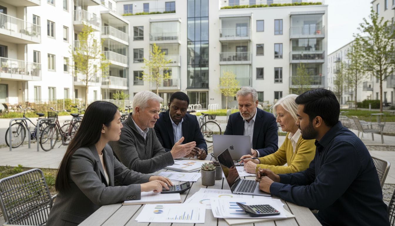 Residents discuss housing fees outside modern Swedish building