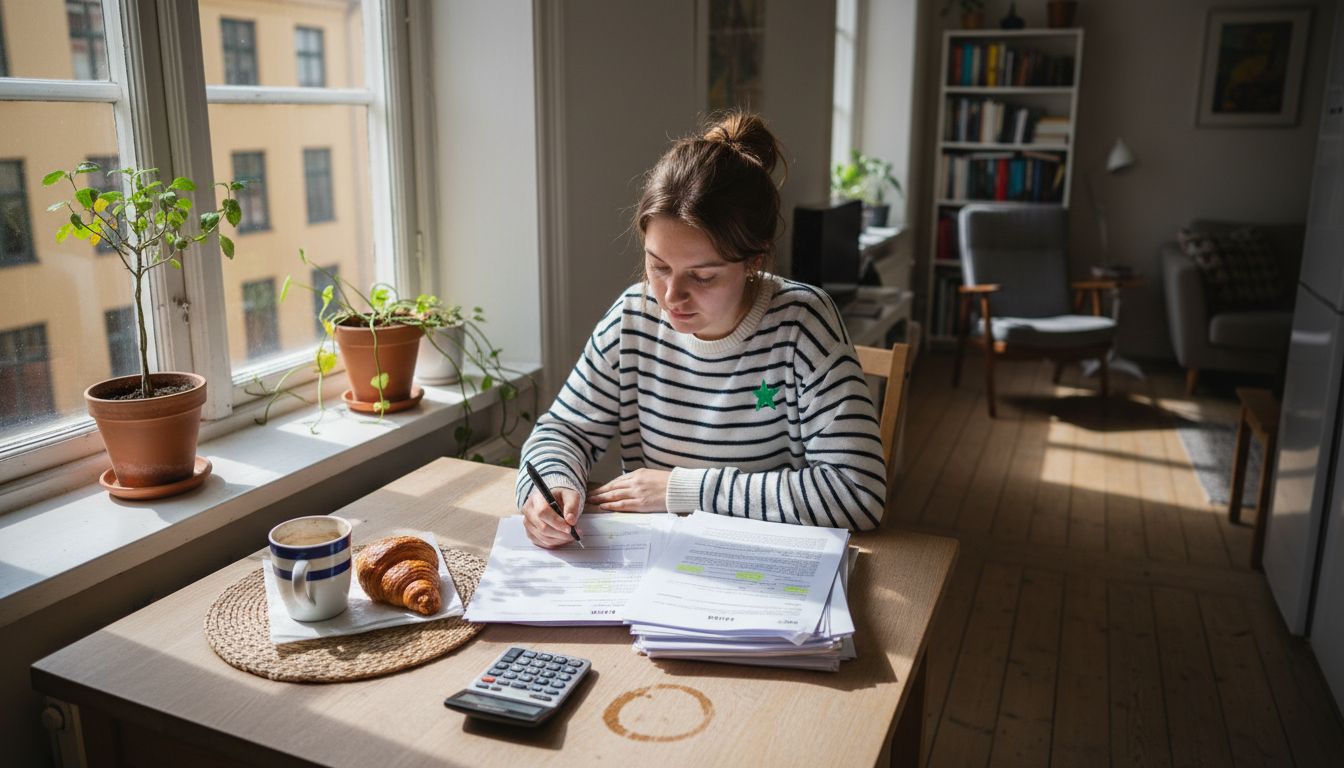 Young woman studying Brf documents at table