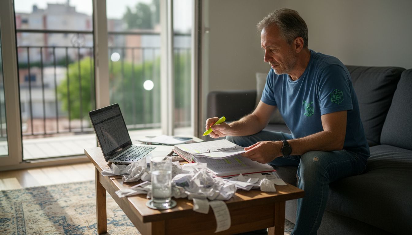 Man reviewing Brf financial reports on sofa