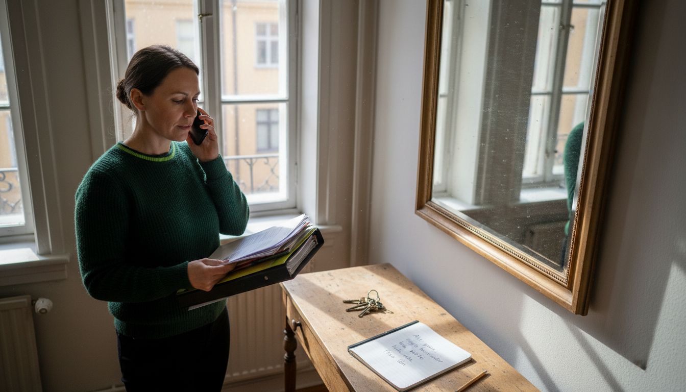 En bekymrad person granskar dokument vid köksbordet