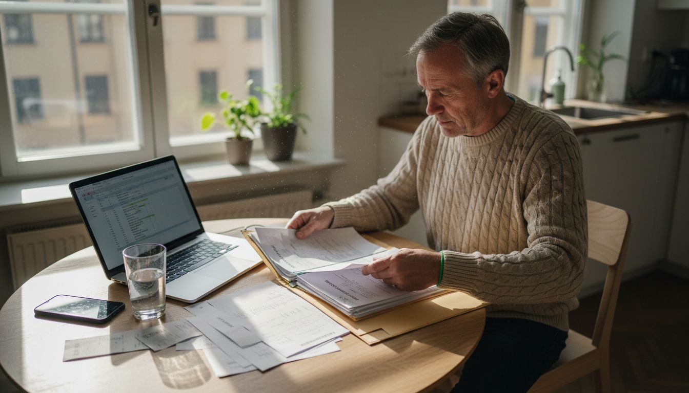 Man som går igenom bostadsrättsföreningens ekonomi
