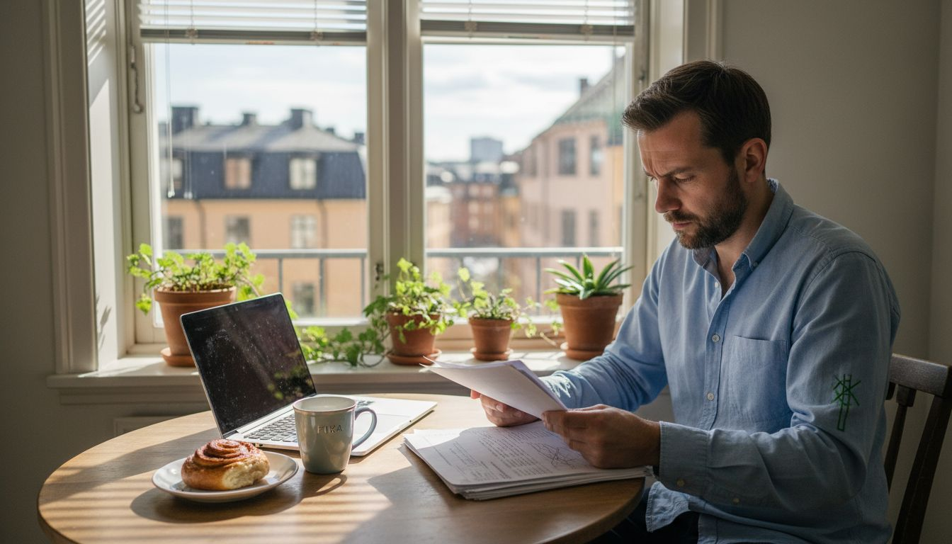 Man sitter vid köksbordet och går igenom årsrapporten från sin bostadsrättsförening.