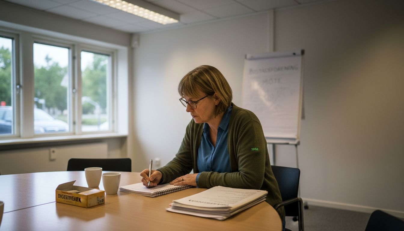 Kvinna går igenom riskfaktorer under ett möte på kontoret