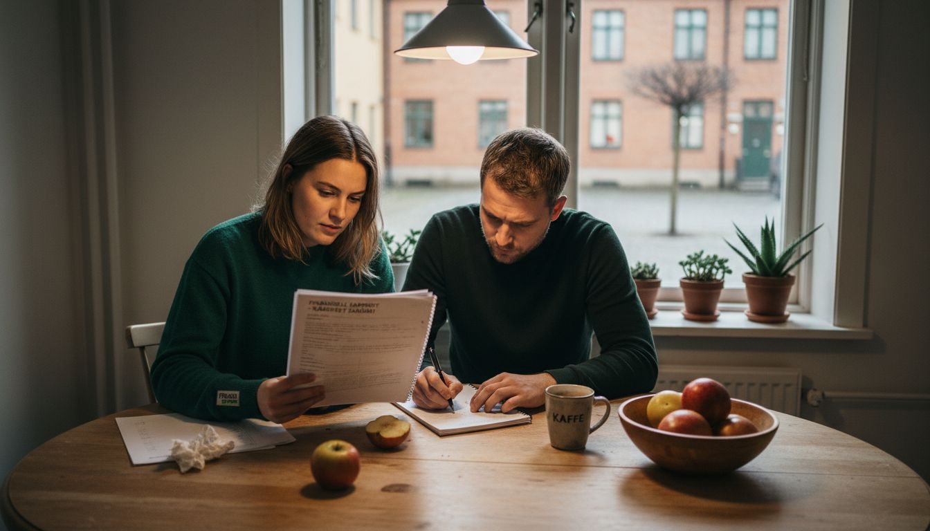 Ett par sitter vid köksbordet och går igenom bostadsrättsföreningens årsredovisning tillsammans.