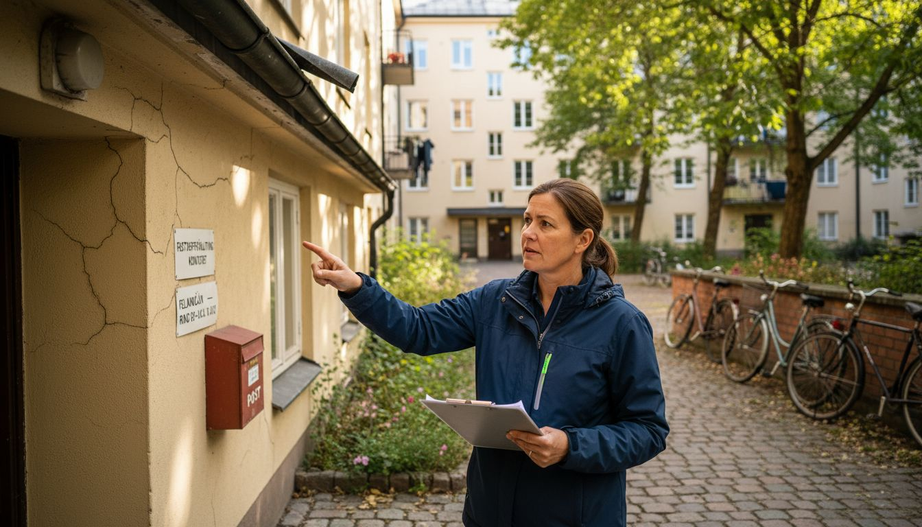 Fastighetsförvaltaren gör en översyn av husets fasad.