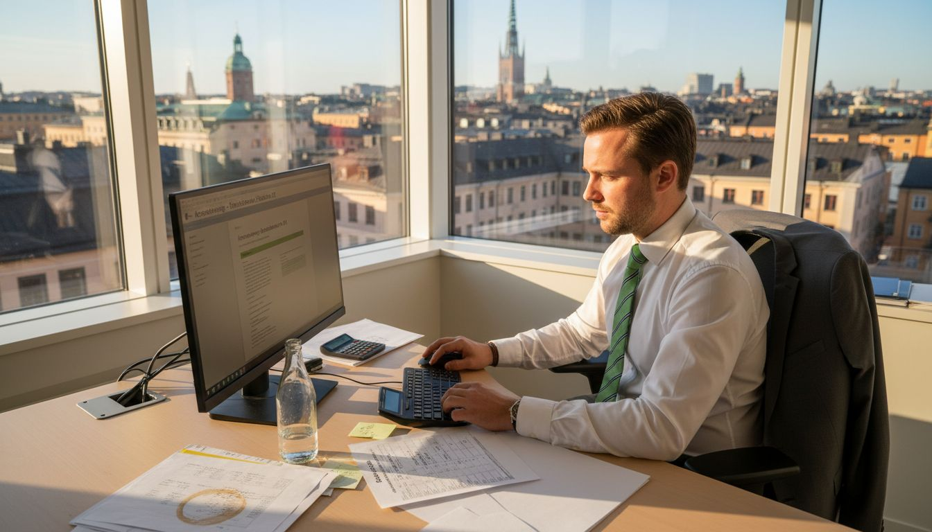 En mäklare går igenom en årsredovisning digitalt på sitt kontor.