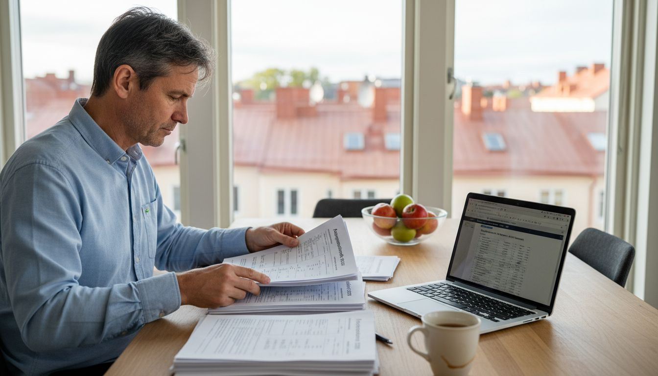 En man sitter vid bordet och bläddrar igenom årsredovisningar för bostadsrättsföreningar.