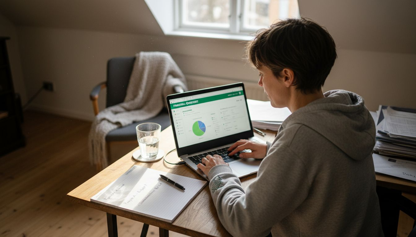 Kvinna går igenom en AI-genererad sammanfattning på sin laptop i hemmakontoret på vinden.