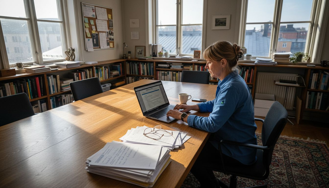 En kvinna sitter vid sitt skrivbord och går igenom årsredovisningen.