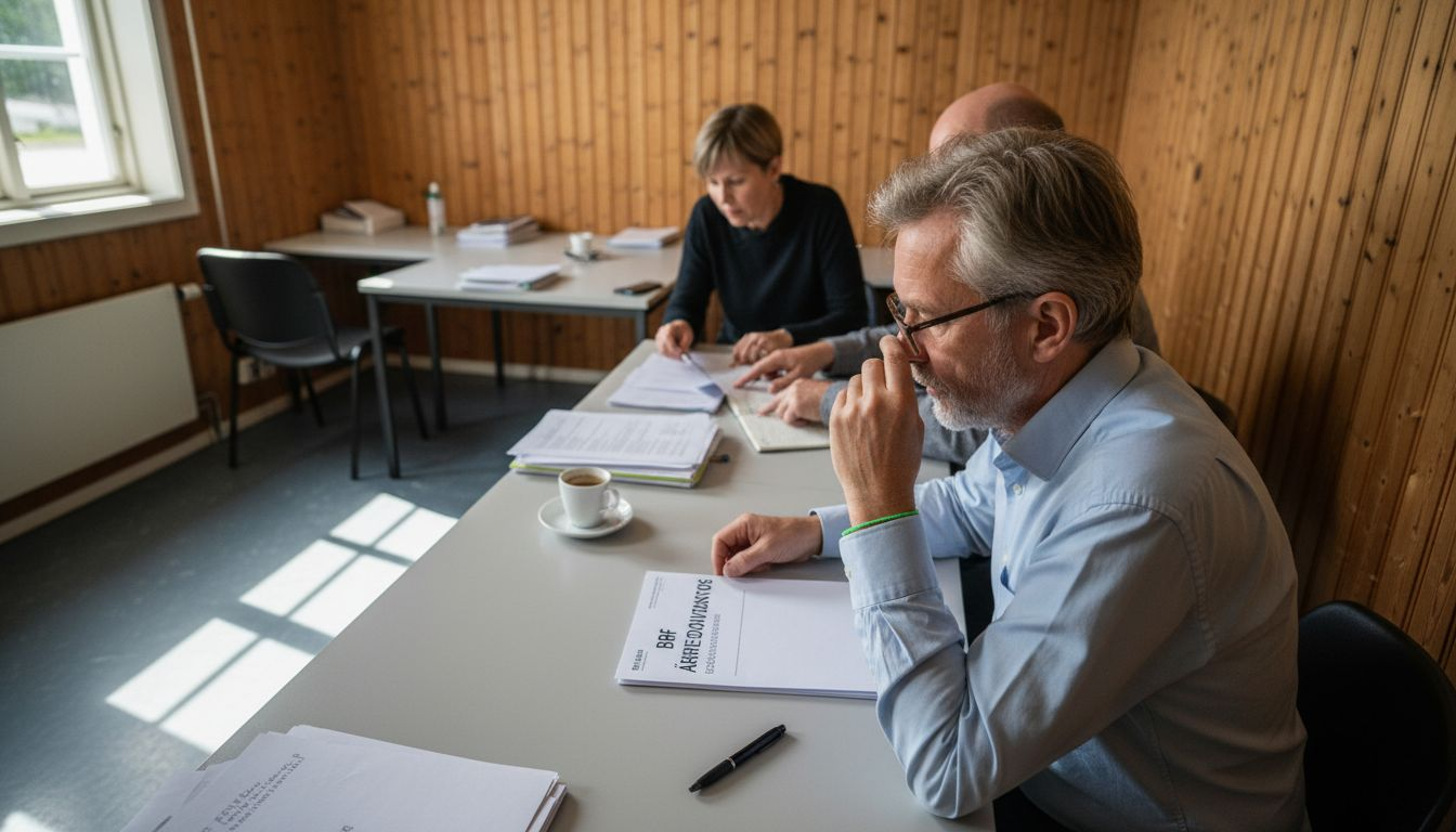 Medlemmar i bostadsrättsföreningen samlas runt bordet för att gå igenom föreningens ekonomi.
