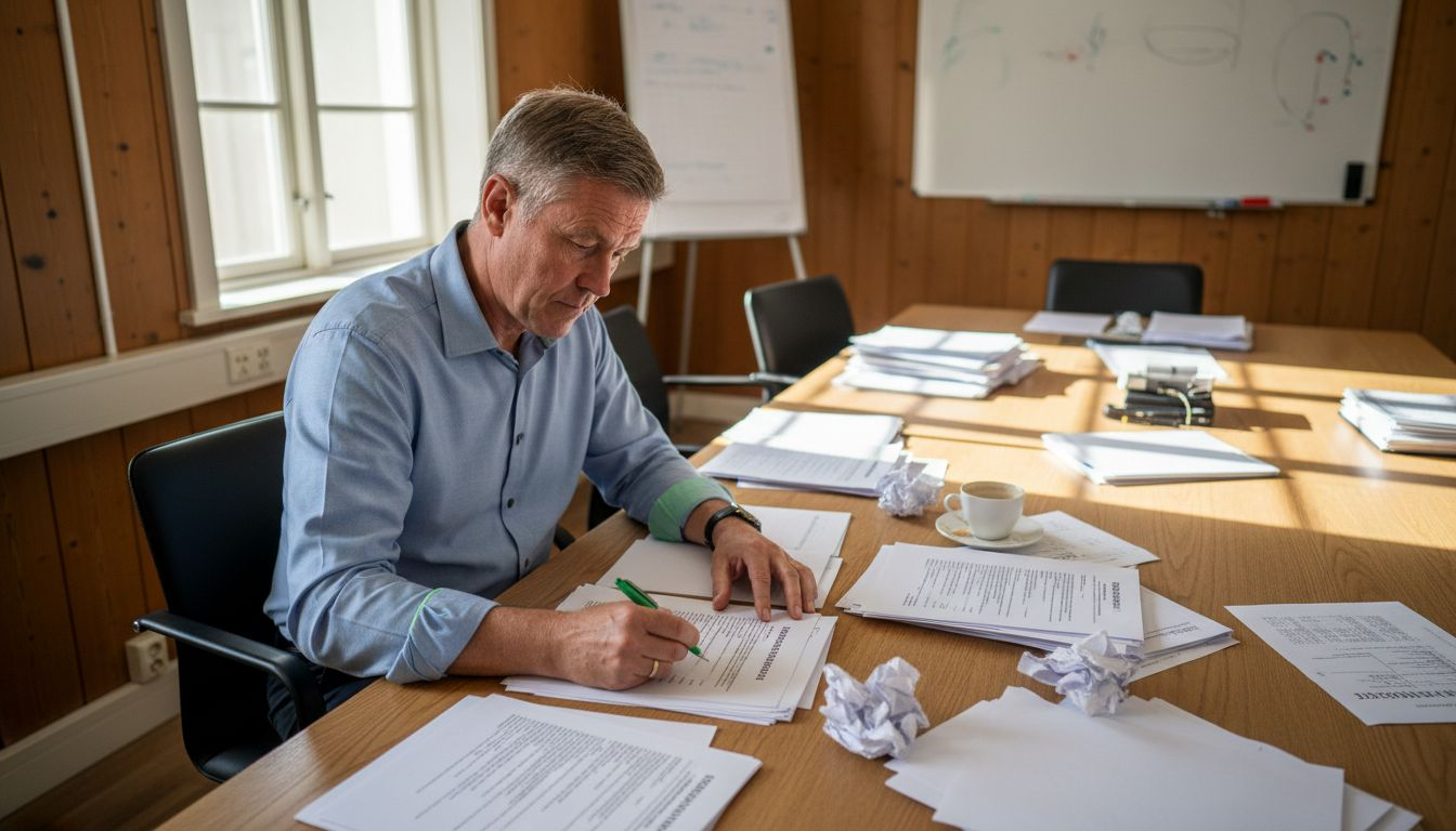 En av styrelsens ledamöter går igenom underhållsplanen tillsammans med resten av styrelsen under mötet.