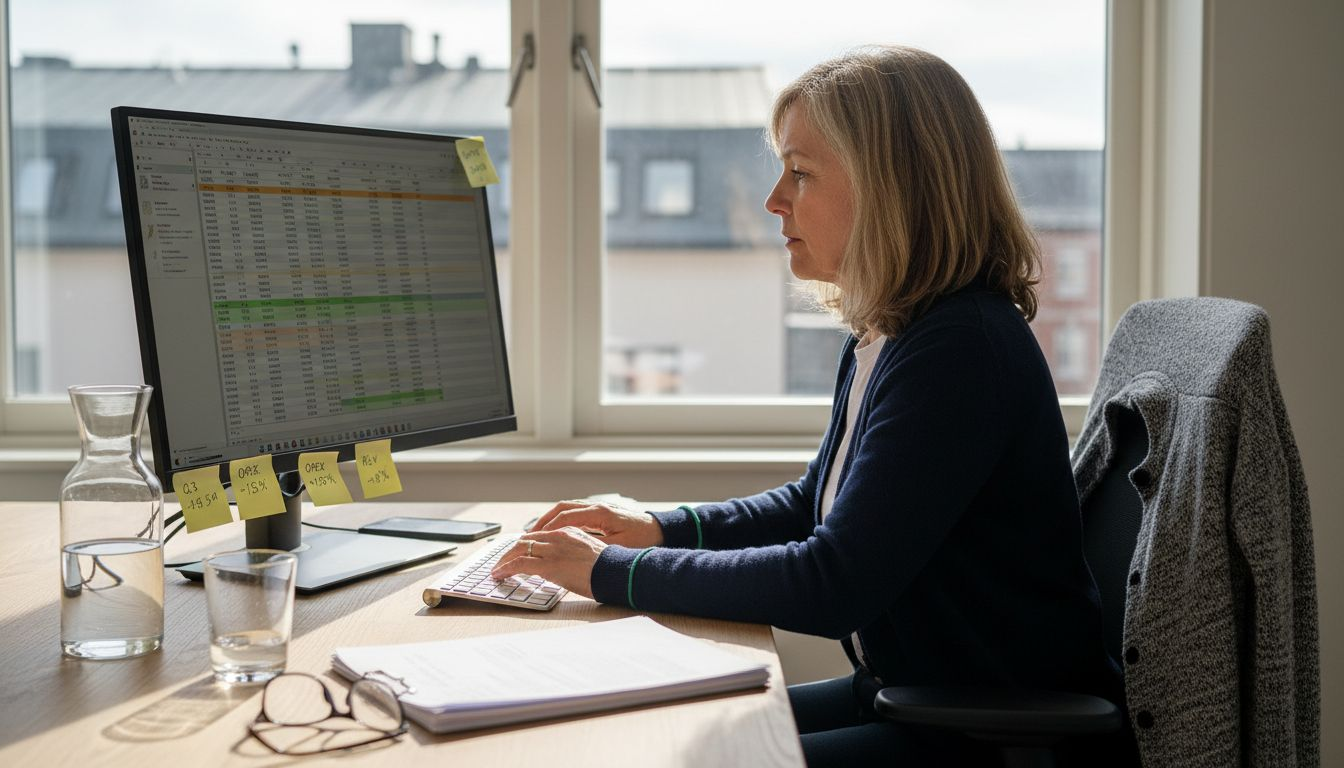 En ekonom går igenom företagets årsredovisning på datorn.