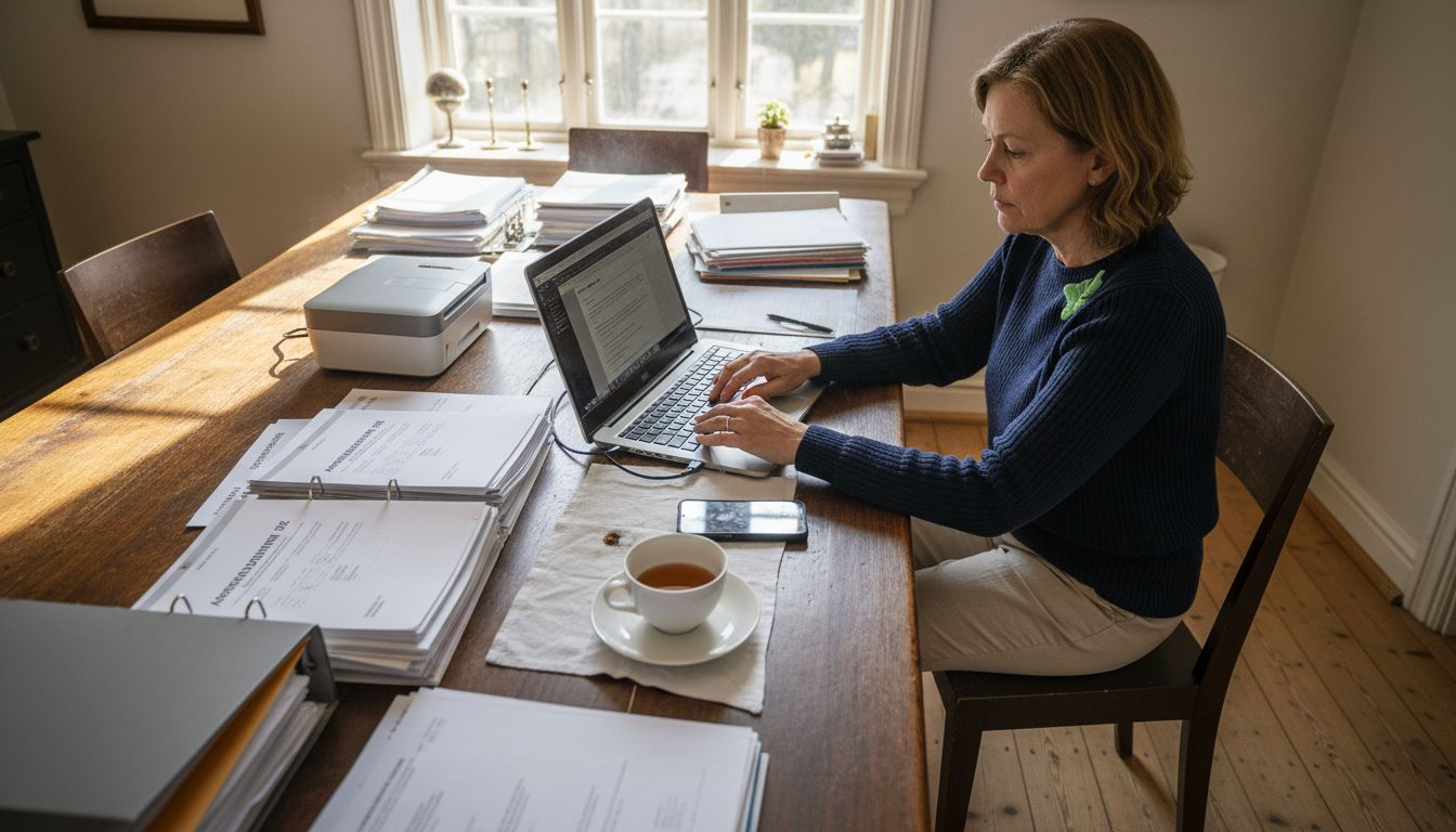 En kvinna sitter vid köksbordet och laddar upp årets bokslut på datorn.