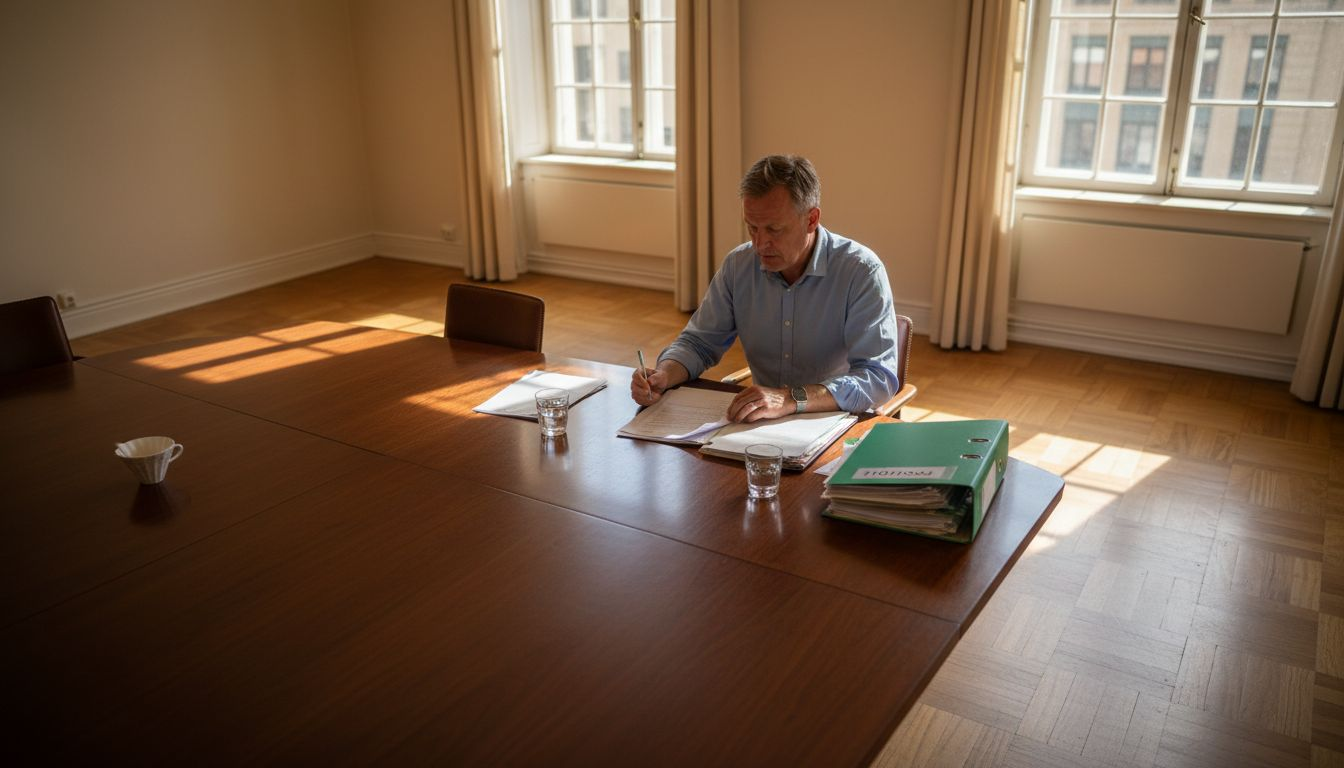 En person går igenom bostadsrättsföreningens ekonomi under ett möte vid konferensbordet.