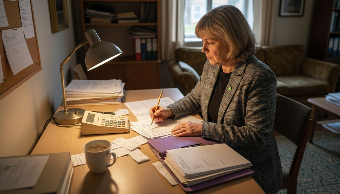 En revisor sitter vid sitt skrivbord och går noggrant igenom företagets bokföring.