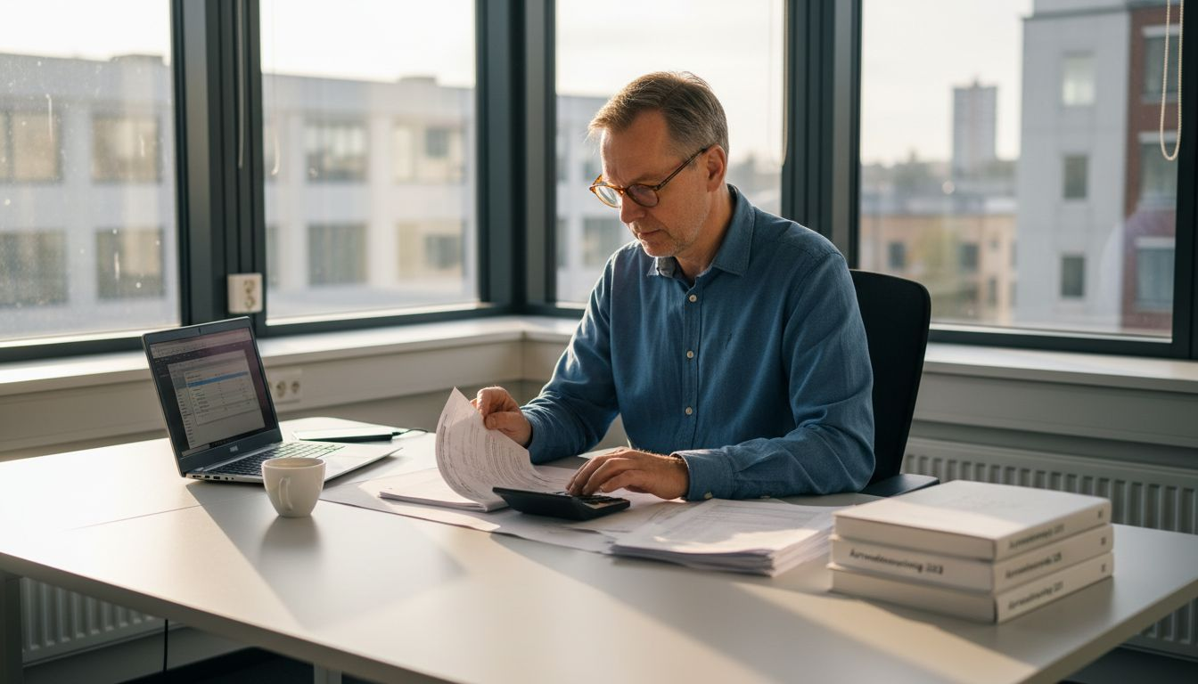 En person sitter vid skrivbordet och går igenom årsredovisningen.