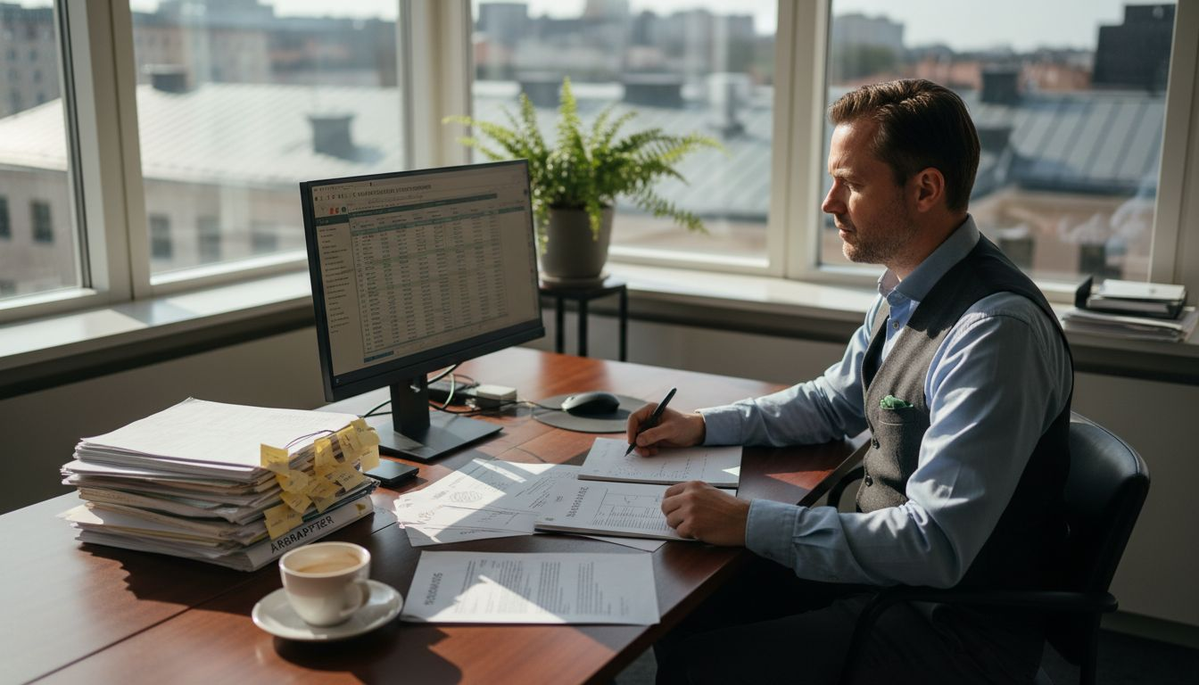 Brf-seller reviewing financial documents at desk