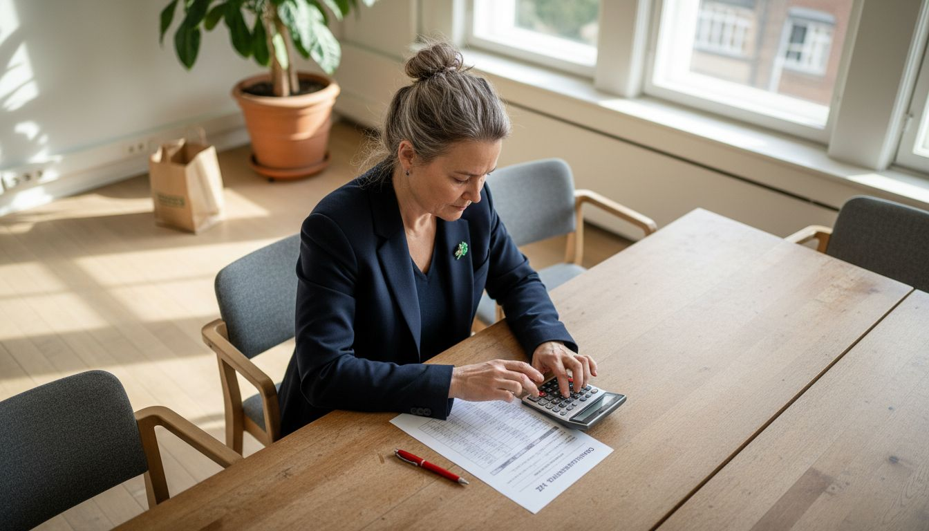 En kvinna sitter i styrelserummet och knappar på miniräknaren.