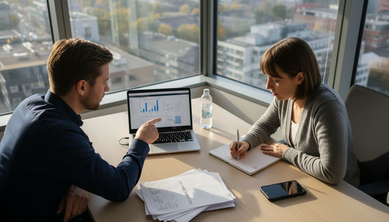 Två personer sitter och går igenom ekonomiska analyser med hjälp av AI-baserade verktyg.
