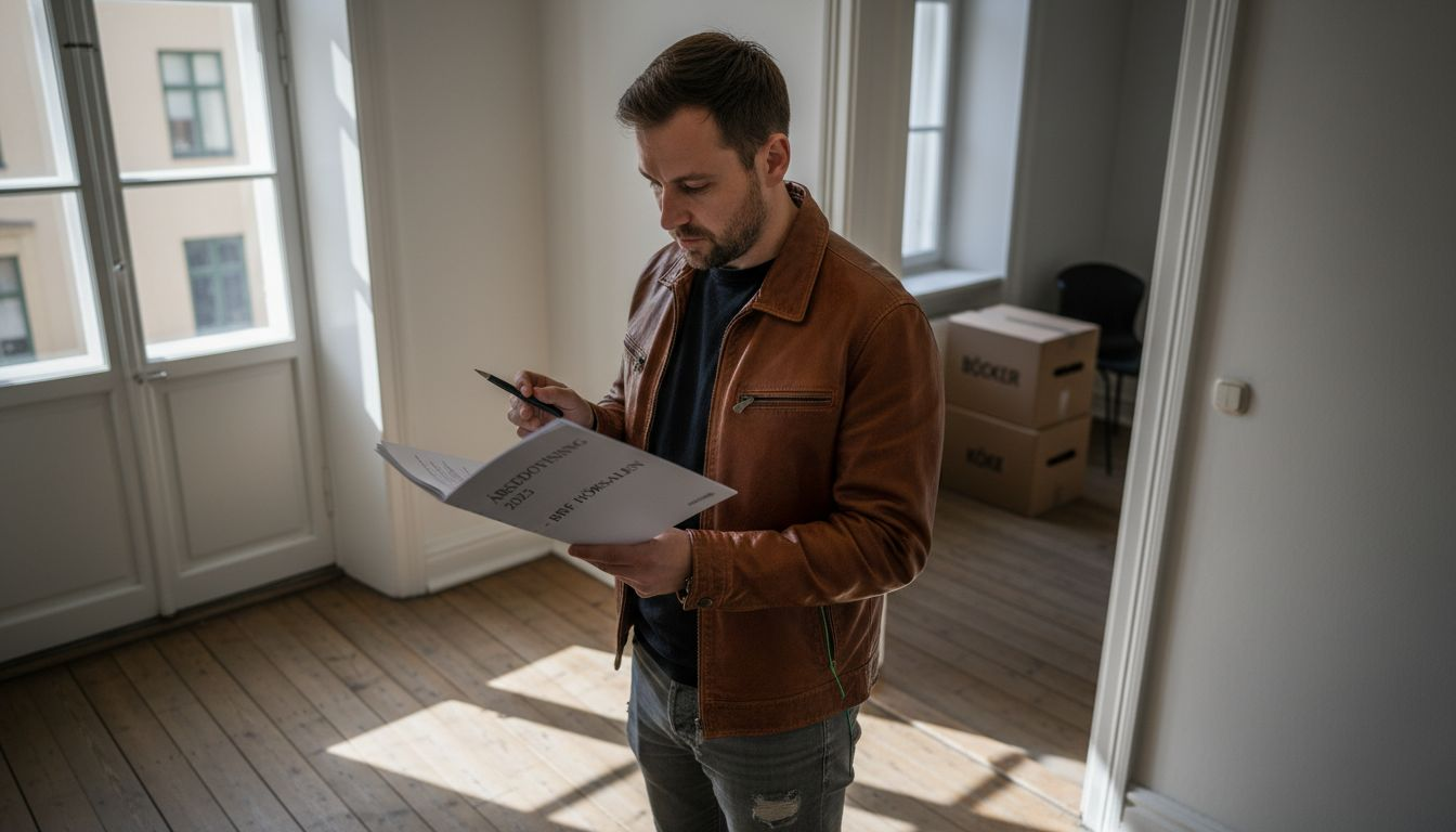 Intresserade bostadsköpare bläddrar igenom föreningens handlingar i trappuppgången