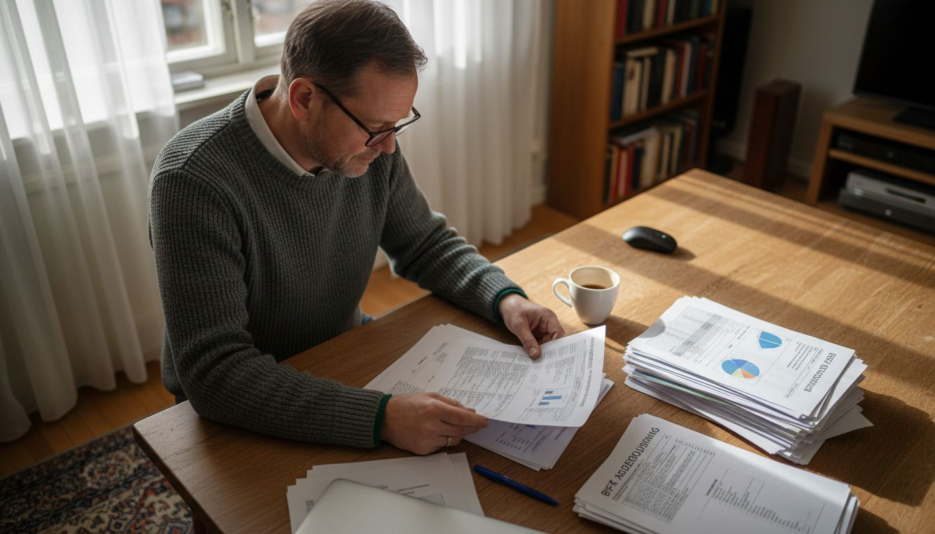 Sitter vid köksbordet och går igenom årsredovisningen