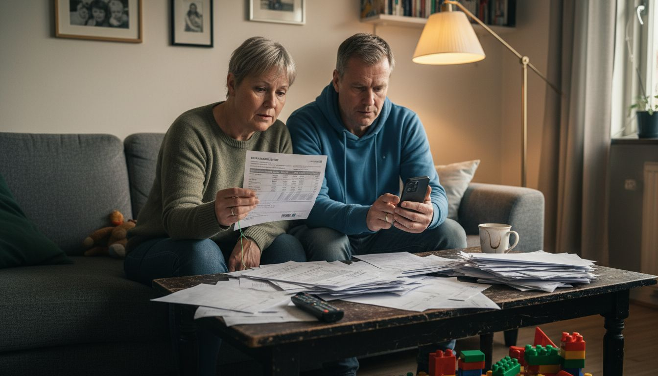 Familjen sitter i vardagsrummet och går igenom sina räkningar tillsammans.
