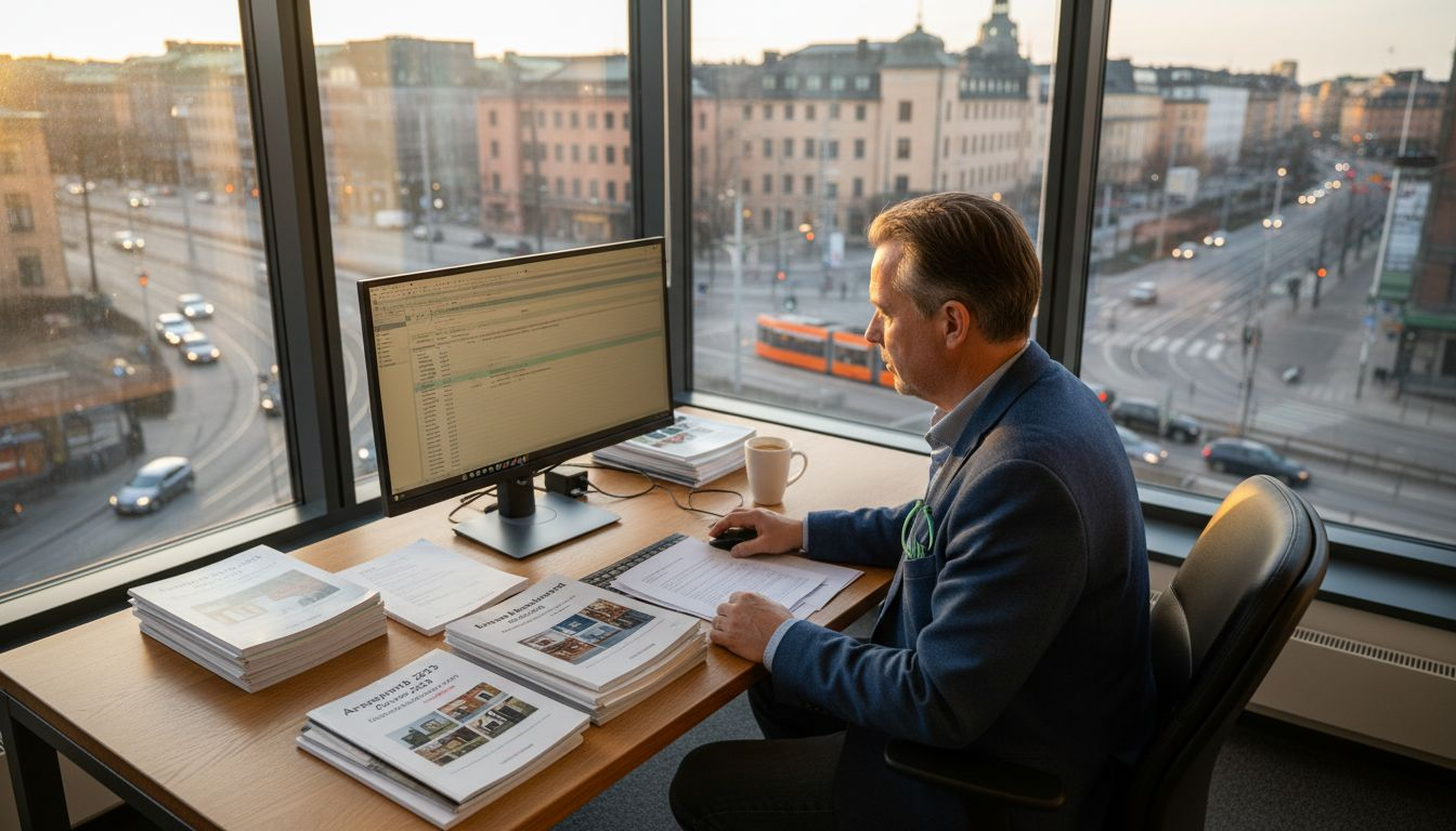 Konsult sitter vid skrivbordet och går igenom en BRF-analys