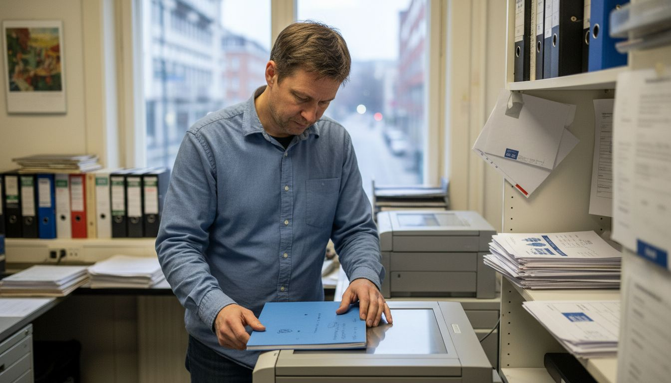 Ekonom står vid kopiatorn och går igenom rapporter