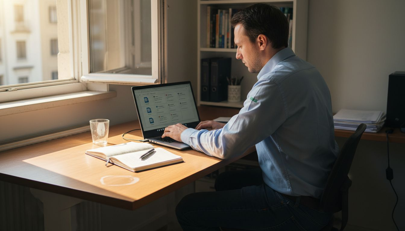 En person sitter hemma och går igenom och organiserar digitala dokument för sin bostadsrättsförening.