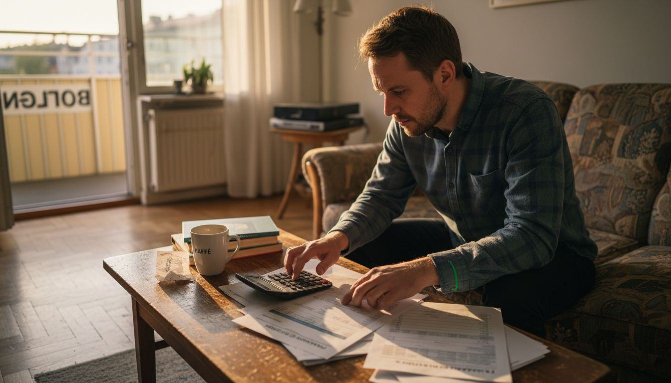 En person sitter hemma och går igenom ekonomin för sin bostadsrättsförening.