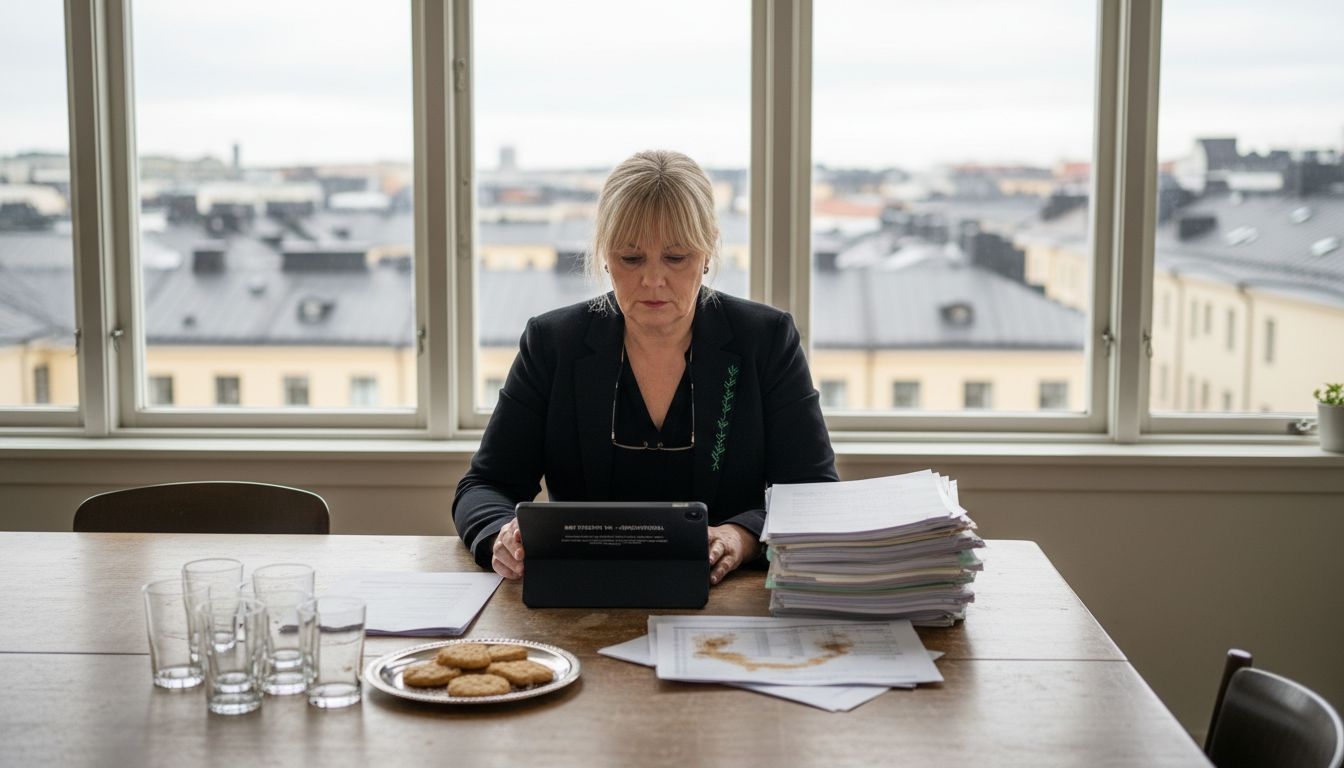 Ordföranden i bostadsrättsföreningens styrelse går igenom rapporterna vid styrelsemötet.