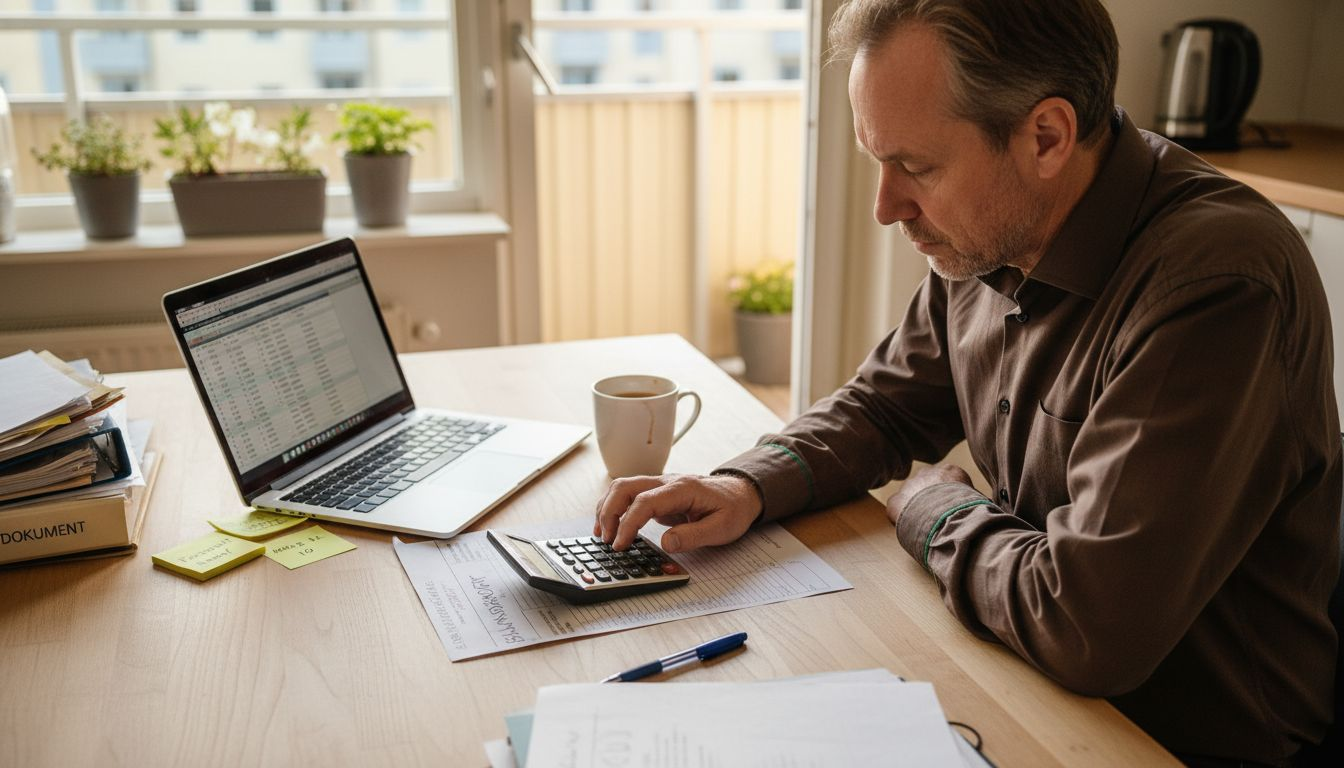 En man sitter vid köksbordet och går igenom ekonomin för bostadsrättsföreningen.