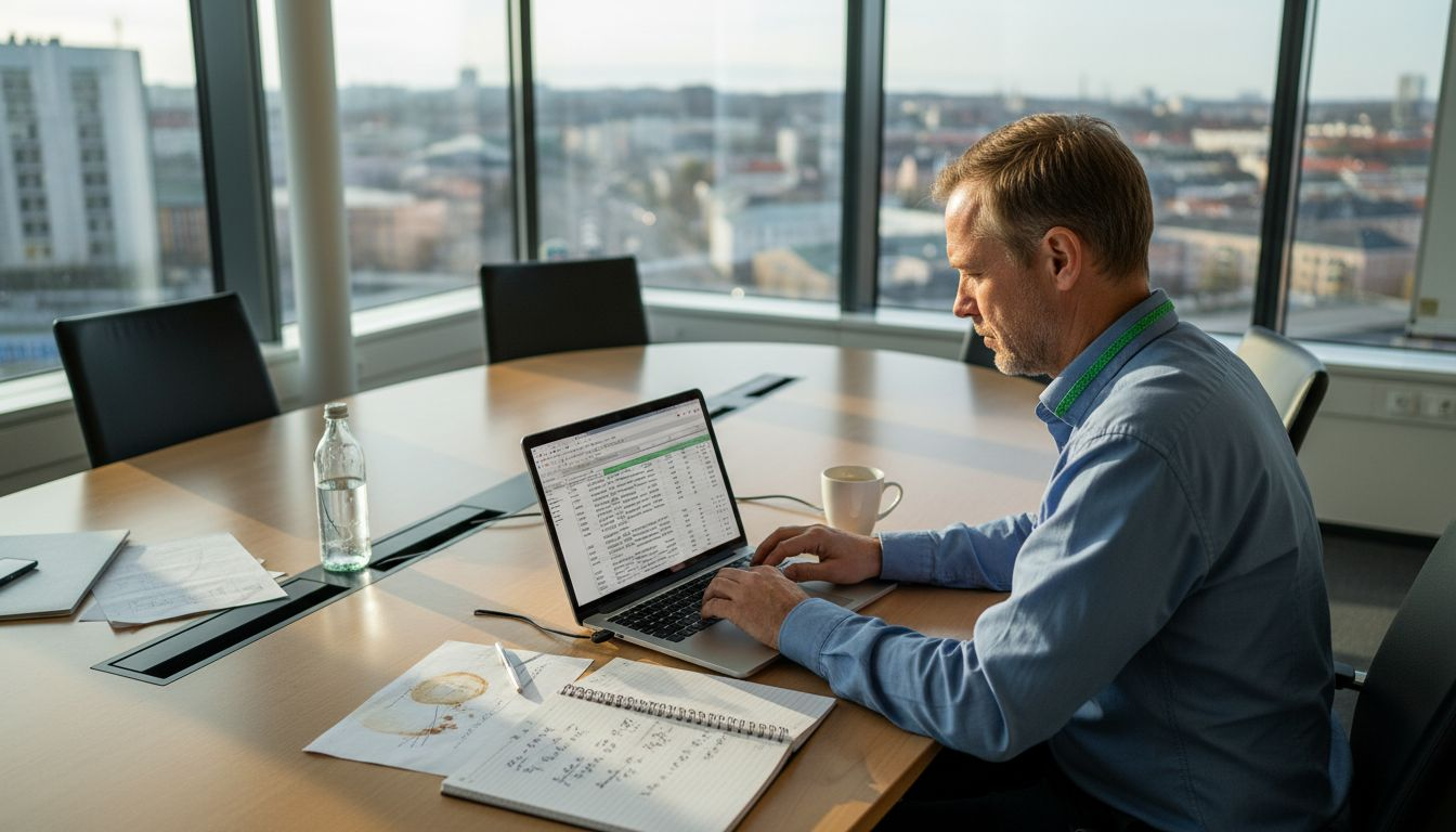 Man sitter på sitt kontor och går igenom brf:ens siffror