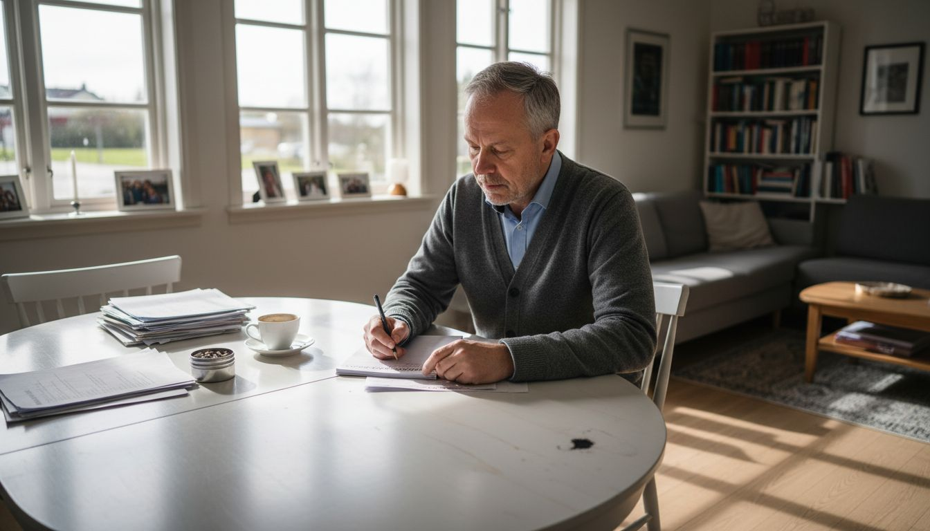 Sitter vid köksbordet och bläddrar igenom årsredovisningen