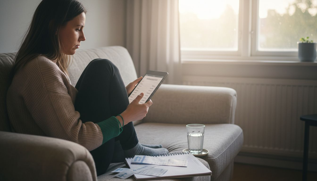 En kvinna sitter i vardagsrummet och går igenom sin ekonomi.