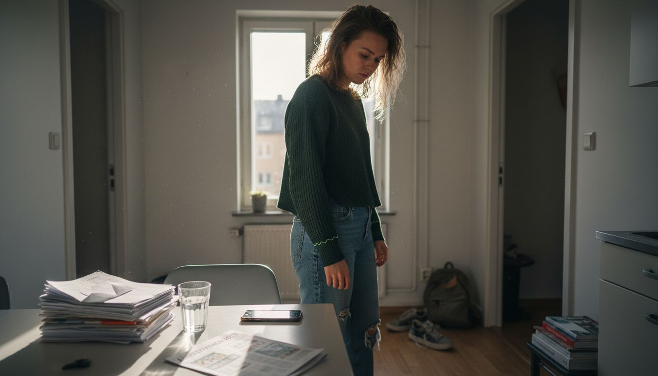 Kvinna känner oro över att andra kan se hennes privatekonomi