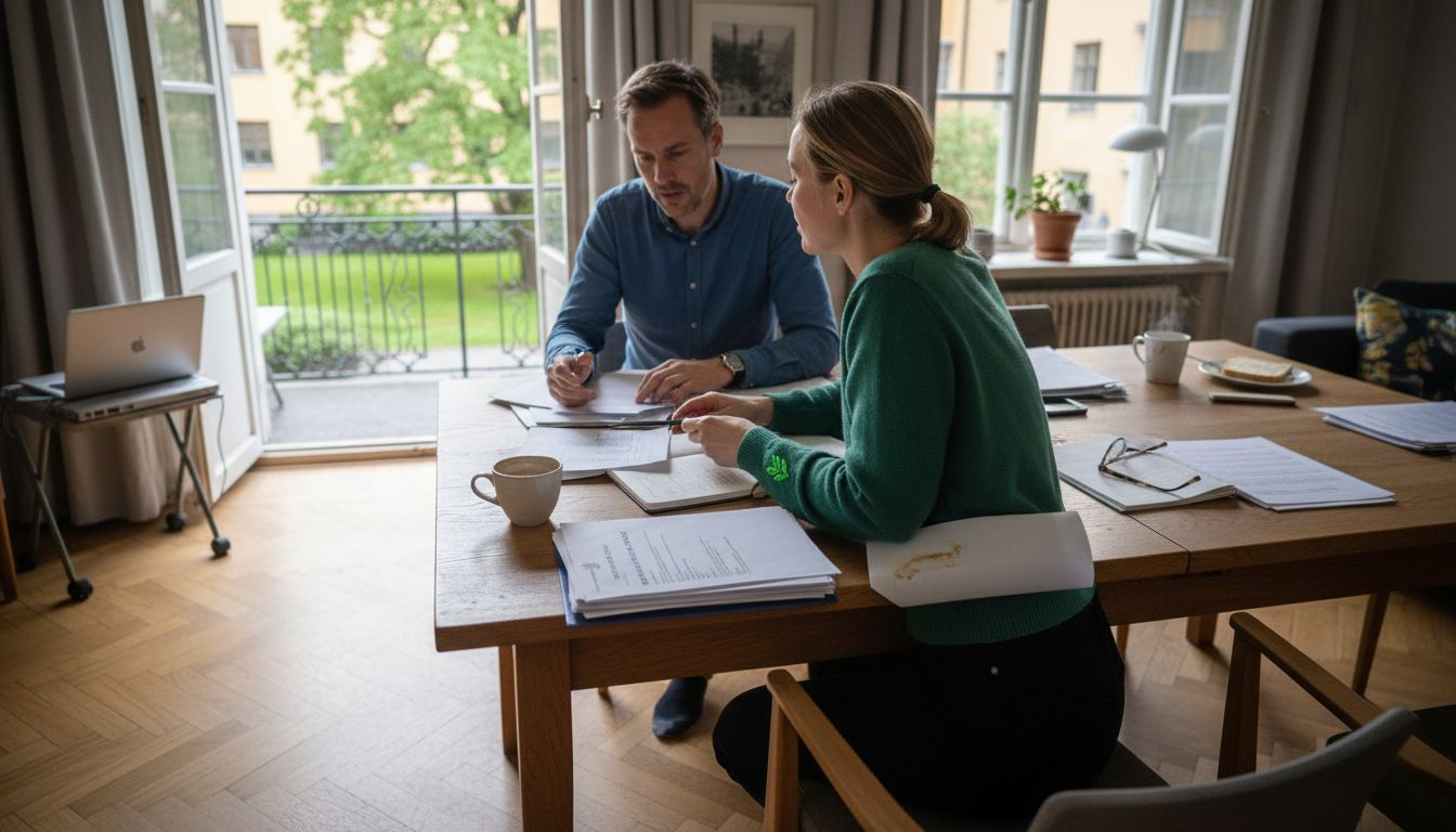 Intresserade köpare sitter runt bordet och diskuterar köp av en bostadsrätt.