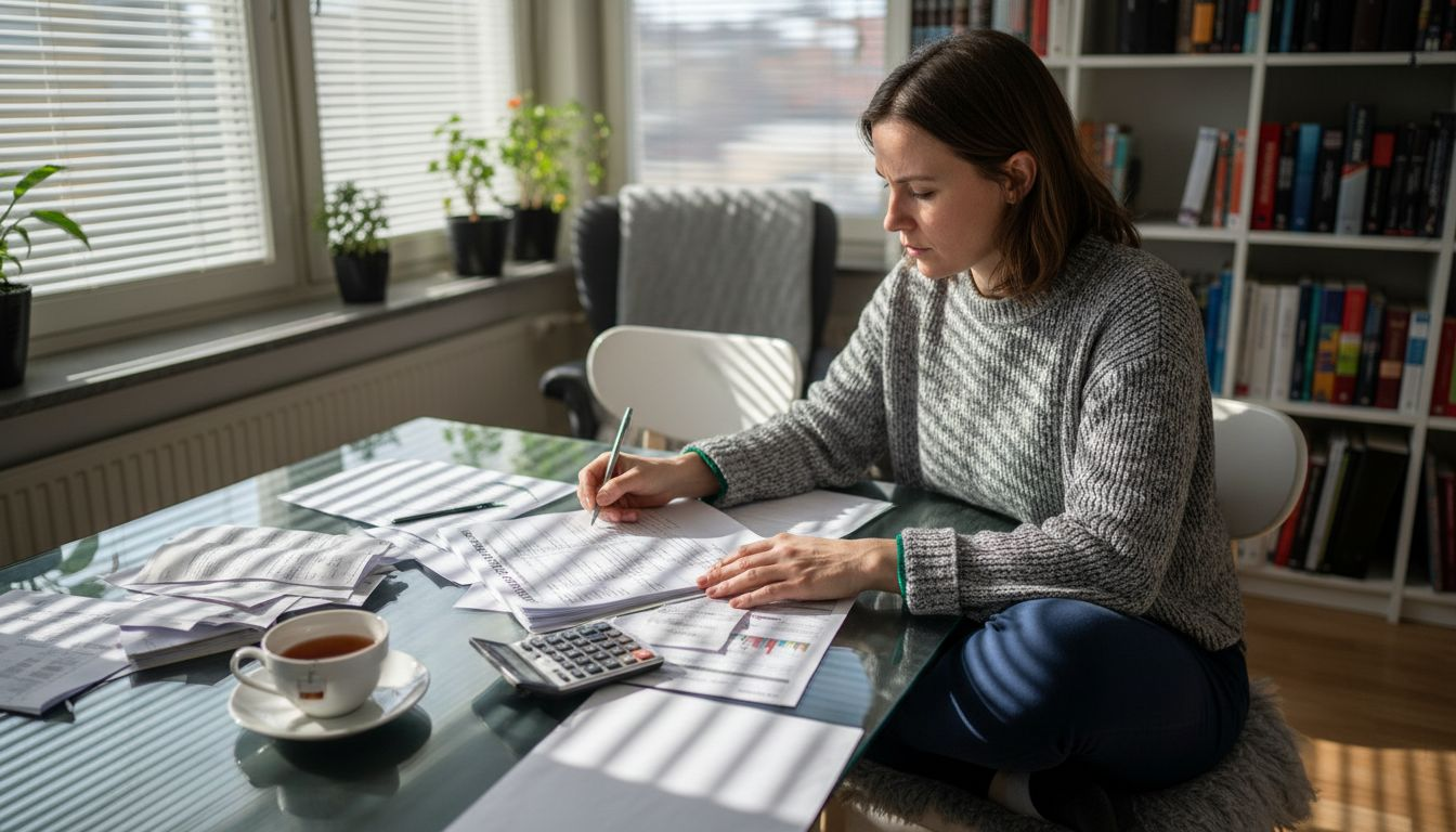 Kvinna sitter hemma och går igenom bostadsrättsföreningens årsredovisning