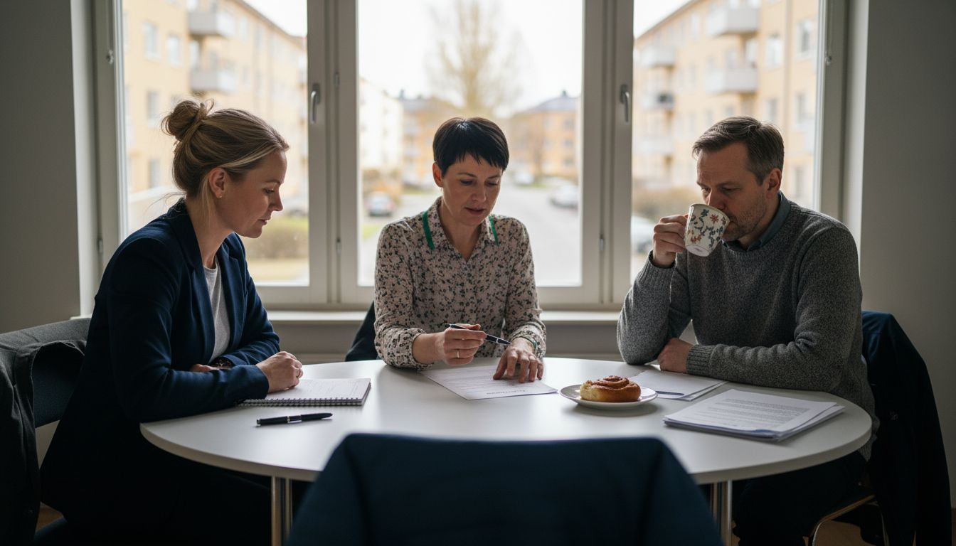 Styrelsemedlemmarna i bostadsrättsföreningen samlas för möte runt konferensbordet.